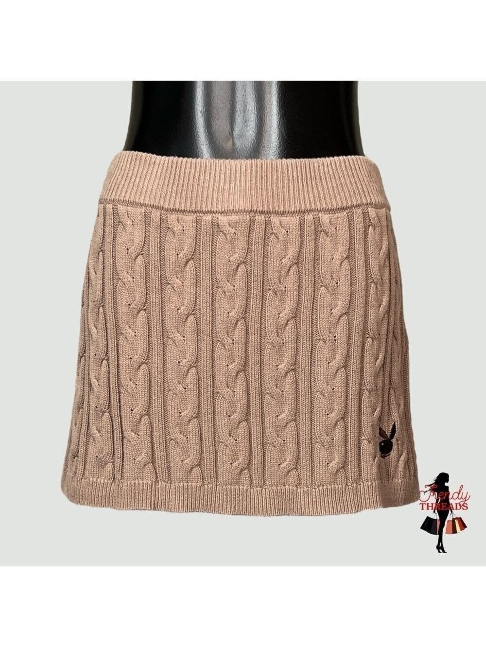 Playboy Pacsun MEDIUM Cable Knit Bodycon Mini Skirt Sweater Tan Brown Fall Boho